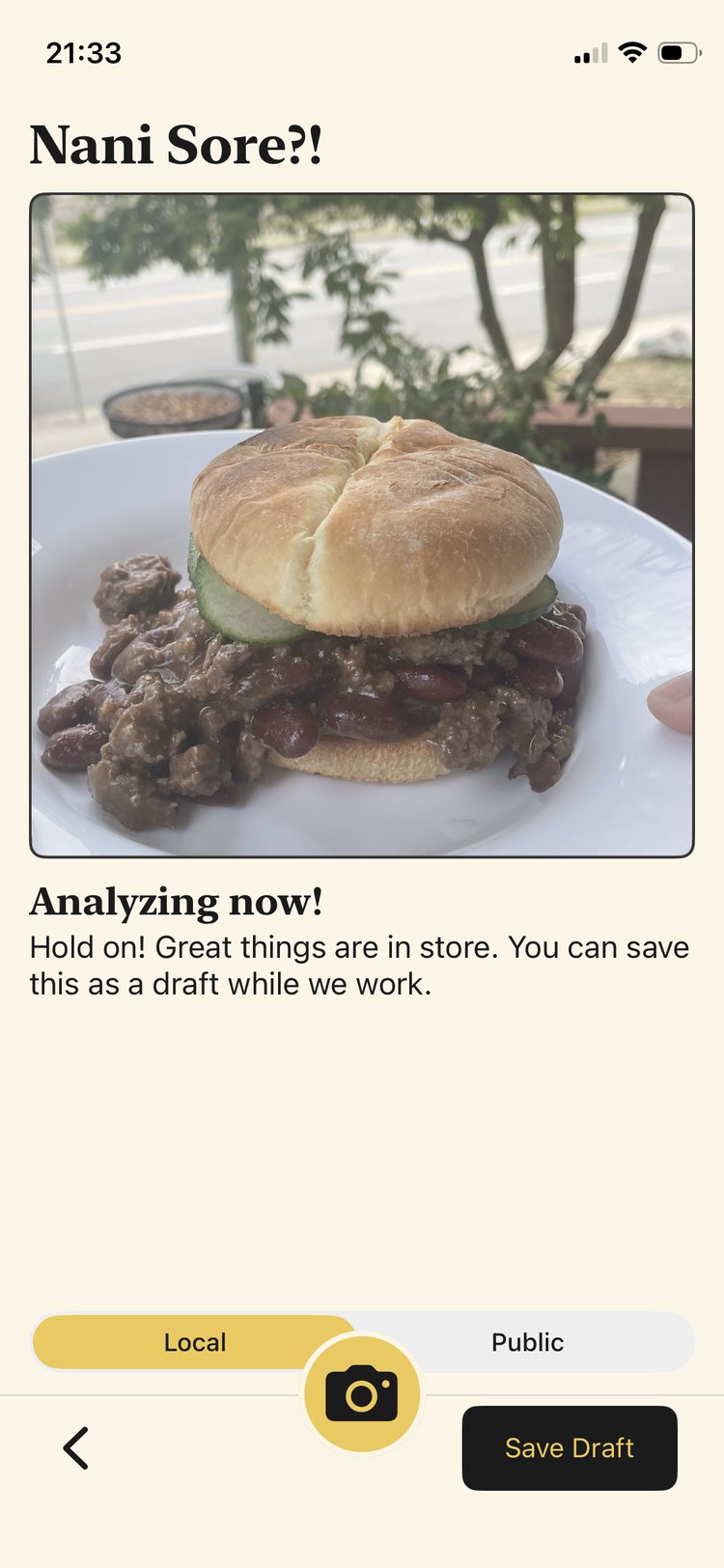 Nani Sore analysing a photo of a chili burger, showing an 'Analyzing now!' message and a Save Draft button.