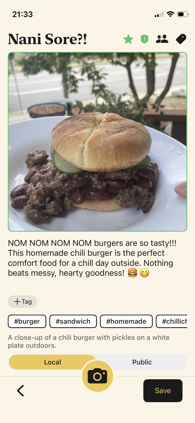 Nani Sore showing a finished post: a chili burger photo with an AI-written caption, hashtags, alt text, and a Local / Public toggle.