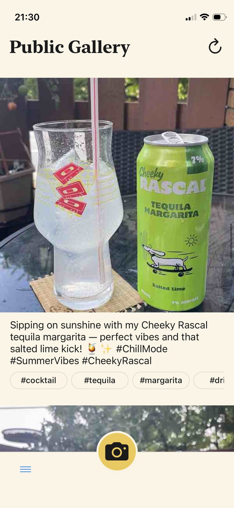 The Nani Sore public gallery showing a shared photo of a canned tequila margarita with its generated caption and hashtags.