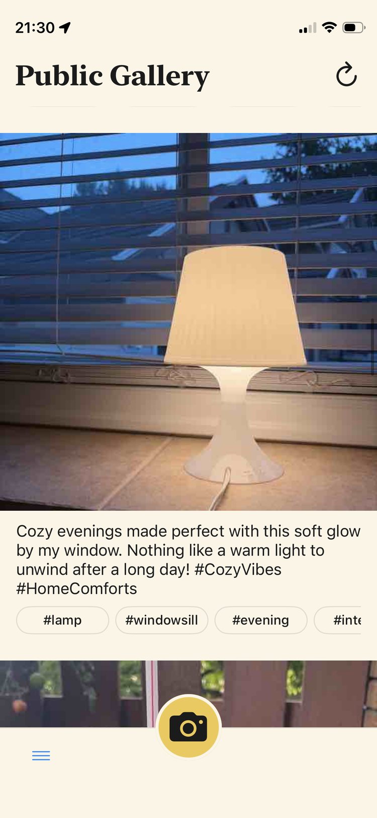 The Nani Sore public gallery scrolled to a photo of a lamp on a windowsill with a generated caption and tags.